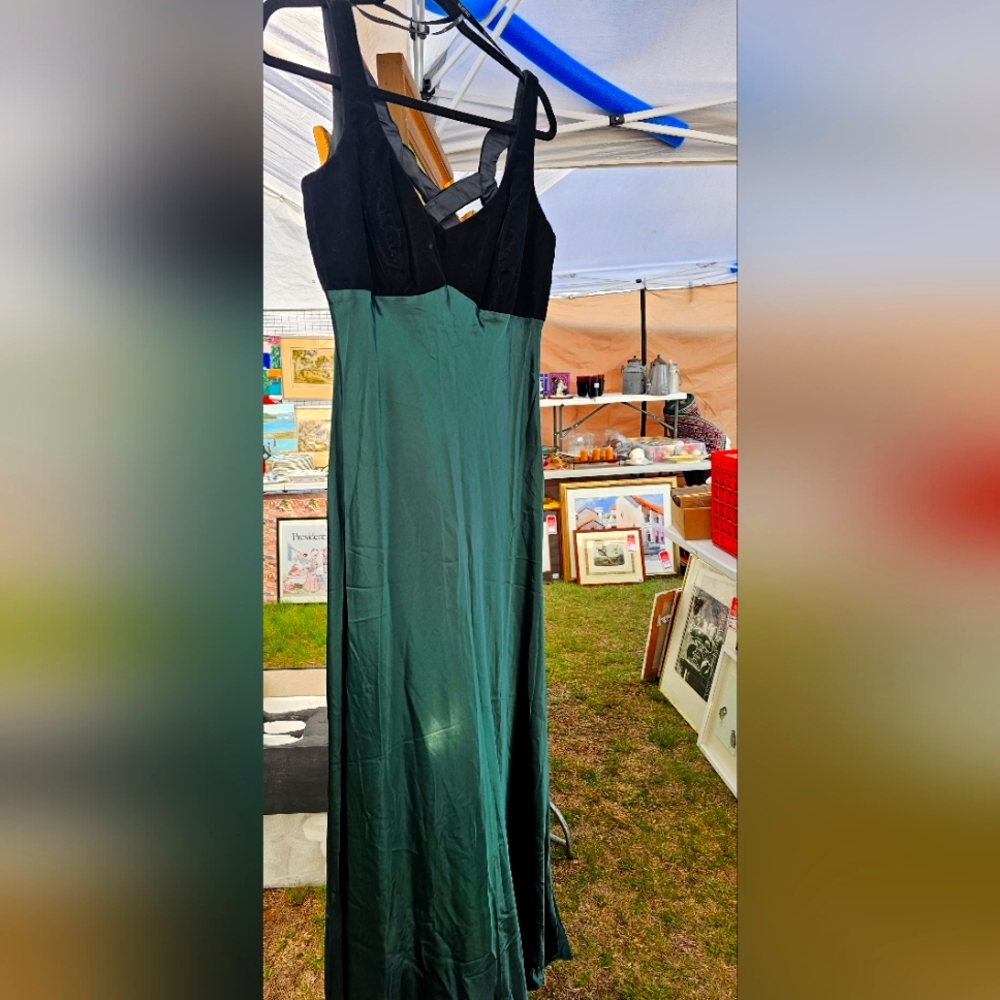 Elegant Vintage Green Silk & Velvet Dress, Floor Length, Women's 12